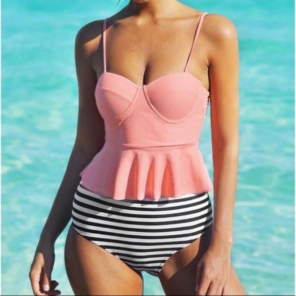 pink peplum and striped bikini